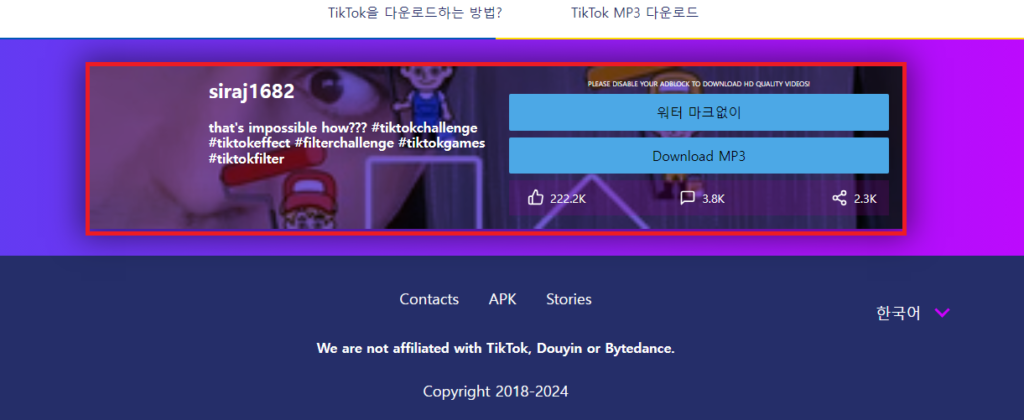 SSTIK 틱톡 영상 다운