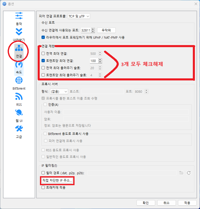 qBittorrent 연결 옵션