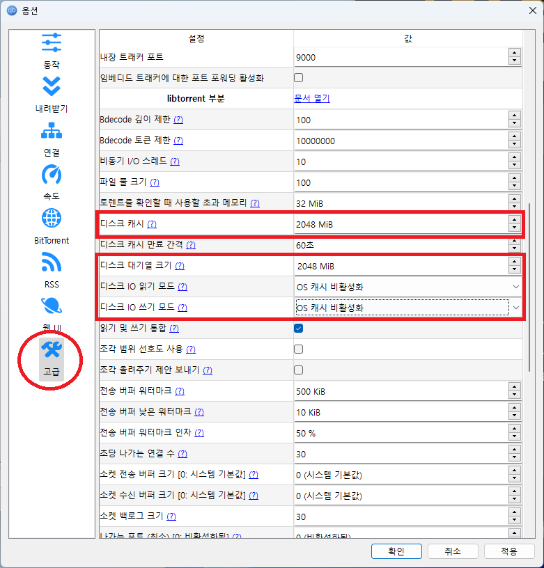 qBittorrent 고급 옵션